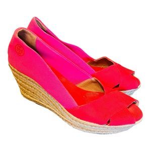 Tory Burch Womens Red Pink Fabric Open Toe Espadrille Wedge Heels Size 9